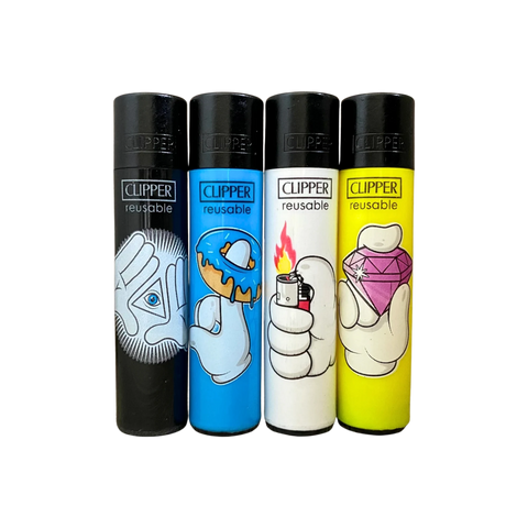 Clipper-tändare Cartoon Hands #3 — fyra motiv ur serien: öga i triangel, munk, tändare och diamant