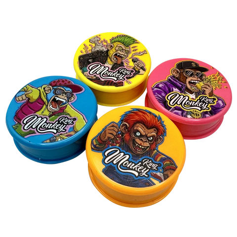 Monkey King tredelade akrylgrindrar, 60 mm, i fyra färger med tecknade apmotiv