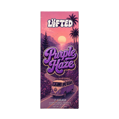 Purple Haze 50 % THCA-B 2 ml från Lyfted i förpackning med lila solnedgång