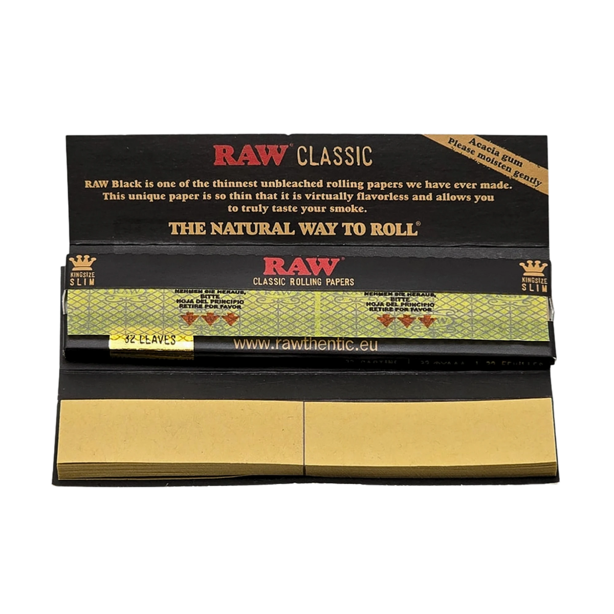 RAW Connoisseur Black King Size Slim + Tips — häftet uppslaget med papper och tips synliga