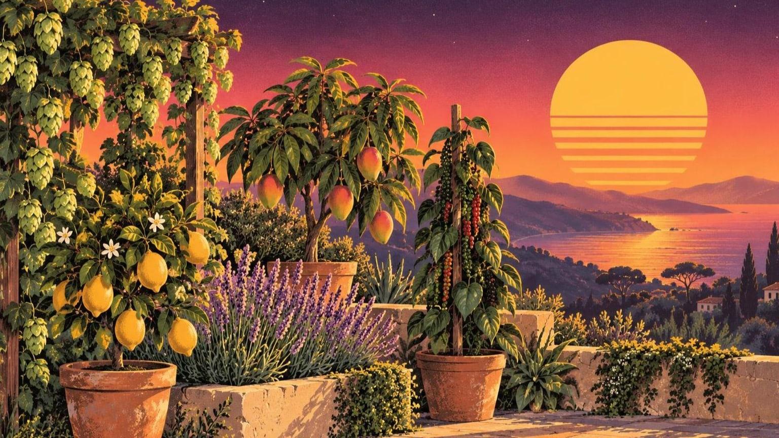 Illustrerad solnedgång över en terrassträdgård med humleranka, citronträd, lavendel, mangoträd och pepparplanta i krukor, havet i bakgrunden – Lyfted Journal