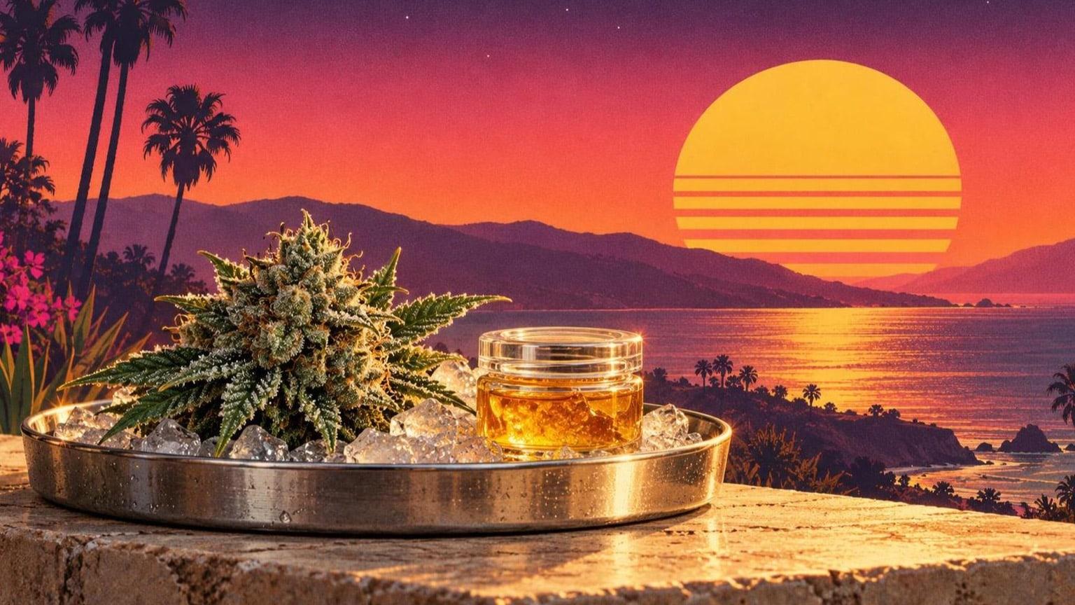 Illustrerad solnedgång med en frostig blomtopp på krossad is i ett stålfat bredvid en liten glasburk med gyllene resin, palmer och hav i bakgrunden – Lyfted Journal