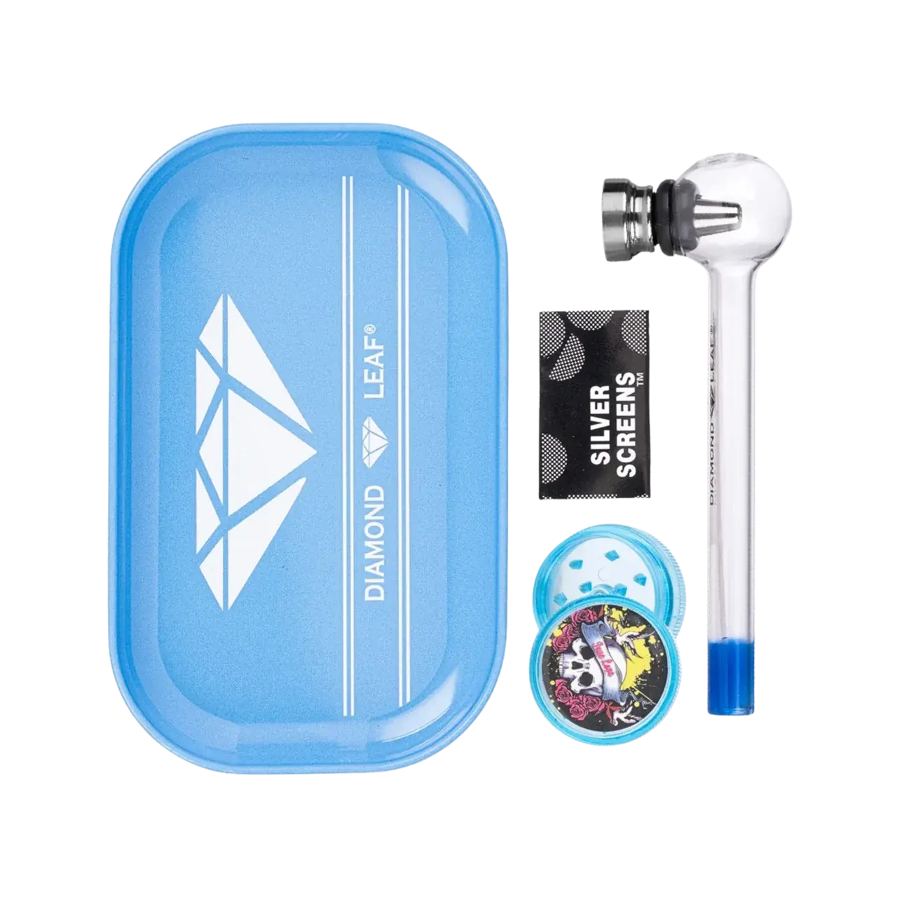 Diamond Leaf-set i blått med glaspipa, rullbricka, mini-grinder och Silver Screens