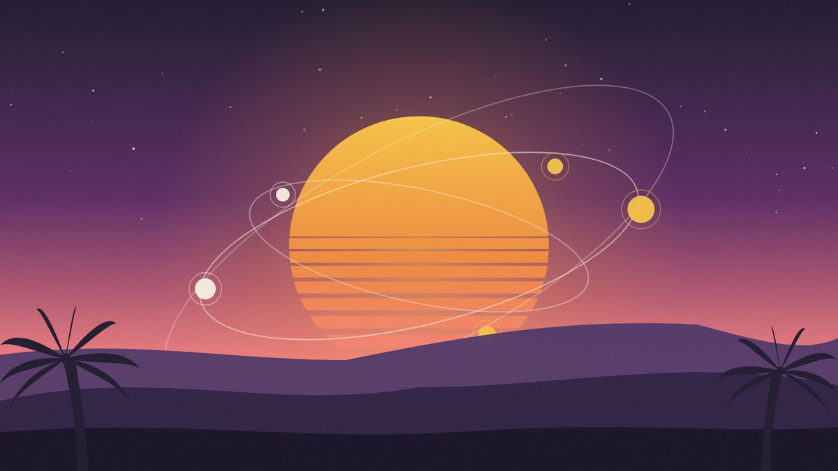 Illustrerad solnedgång i 70-talsstil med sammansatta former som symboliserar THCA-B-serien – Lyfted Journal