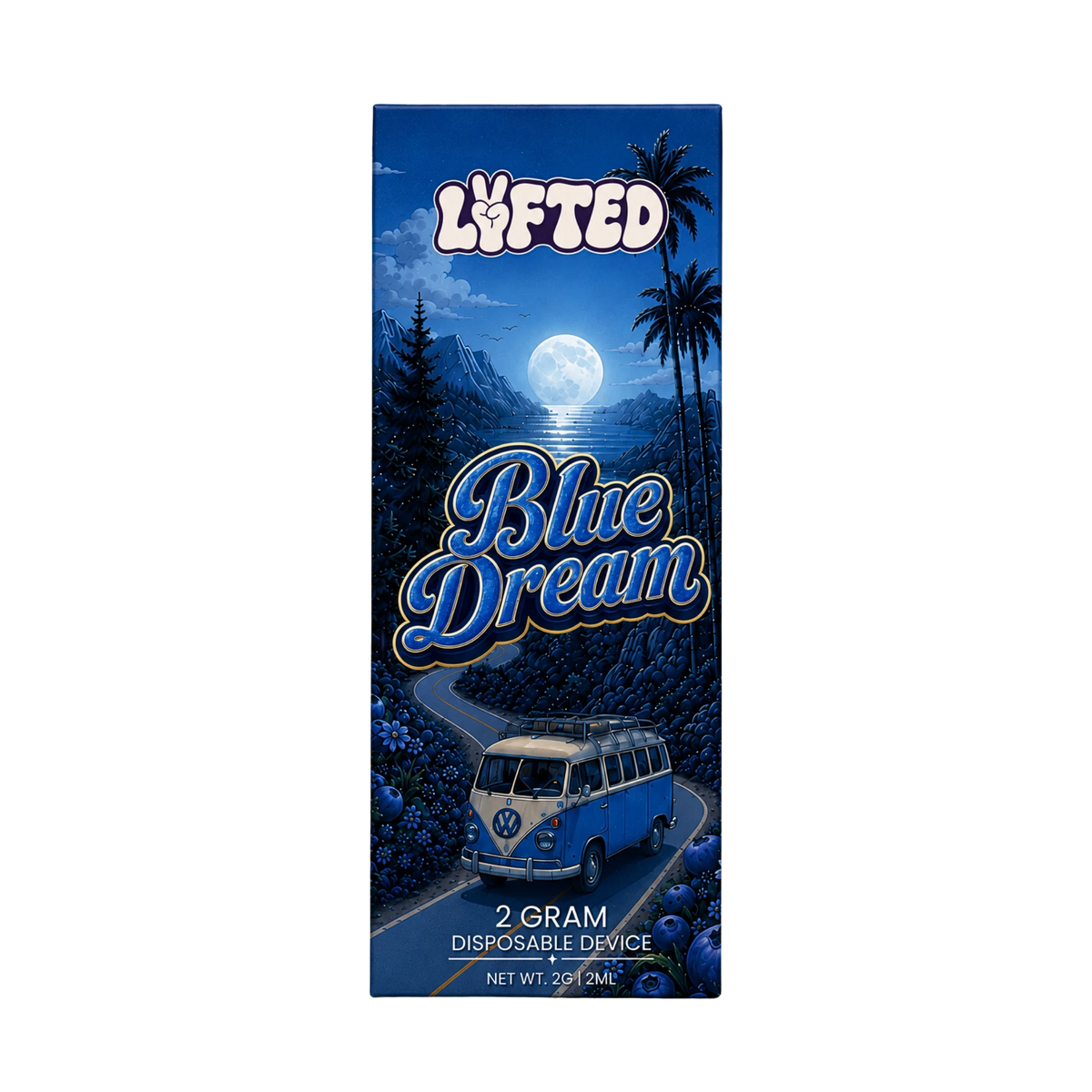 Blue Dream 50 % THCA-B 2 ml från Lyfted i förpackning med månbelyst kust