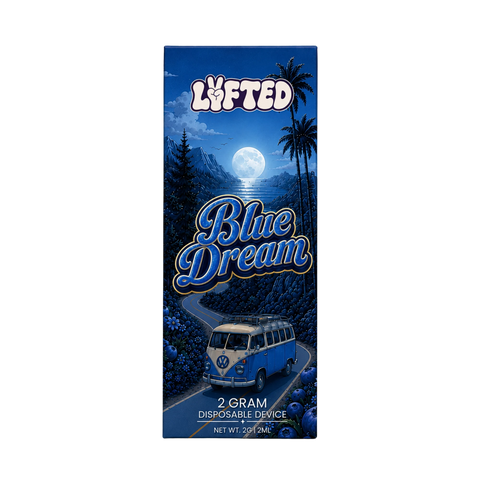 Blue Dream 50 % THCA-B 2 ml från Lyfted i förpackning med månbelyst kust