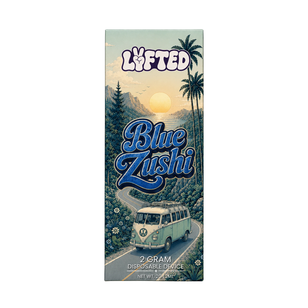Blue Zushi 50 % THCA-B 2 ml från Lyfted i förpackning med ljusblå kust