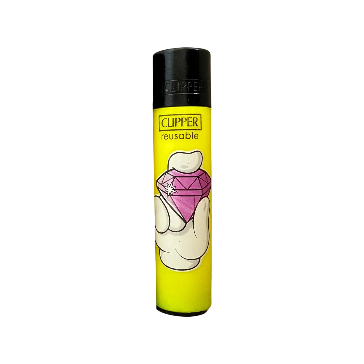 Clipper-tändare Cartoon Hands #3 i gult — tecknad hand som håller en rosa diamant