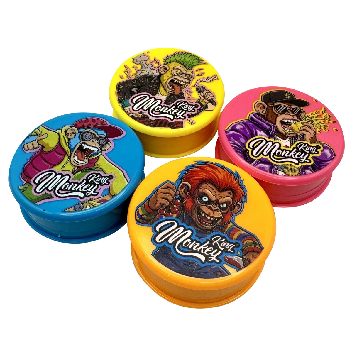 Monkey King tredelade akrylgrindrar, 60 mm, i fyra färger med tecknade apmotiv
