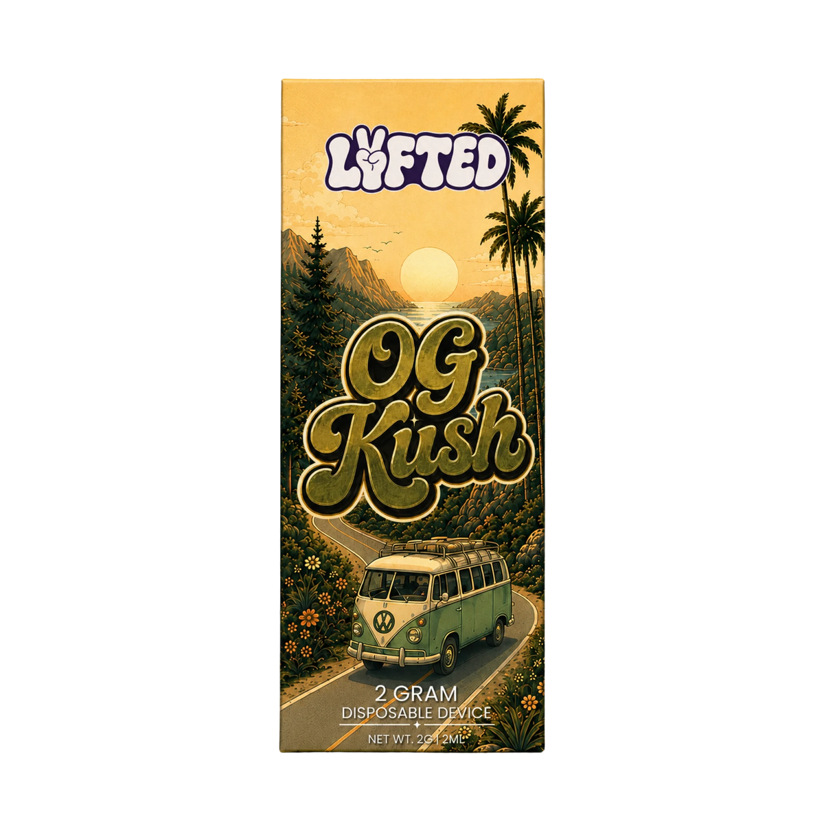OG Kush 50 % THCA-B 2 ml från Lyfted i förpackning med solnedgång och buss