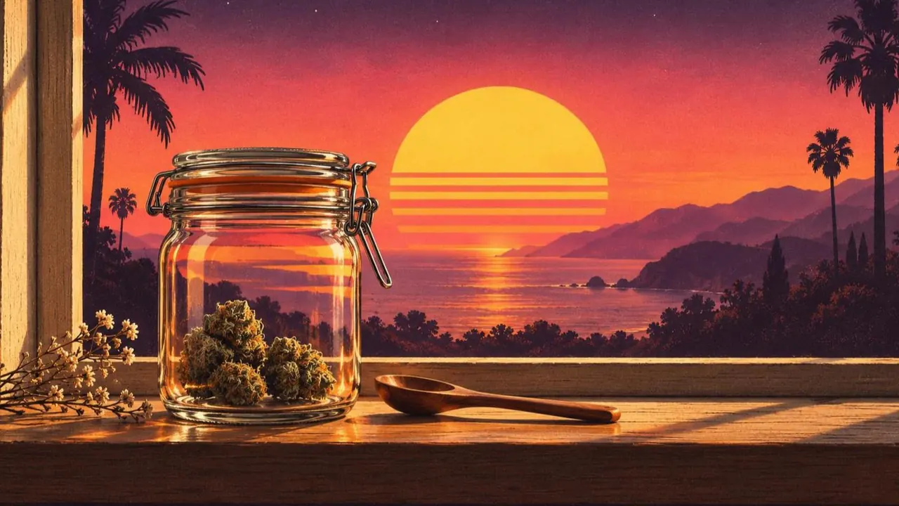 Retroillustration i solnedgångsstil: en glasburk med klämlock fylld med cannabisblommor på en fönsterhylla i trä, bredvid en träsked