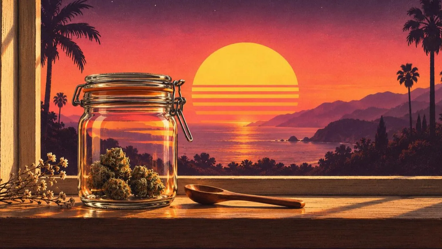 Retroillustration i solnedgångsstil: en glasburk med klämlock fylld med cannabisblommor på en fönsterhylla i trä, bredvid en träsked