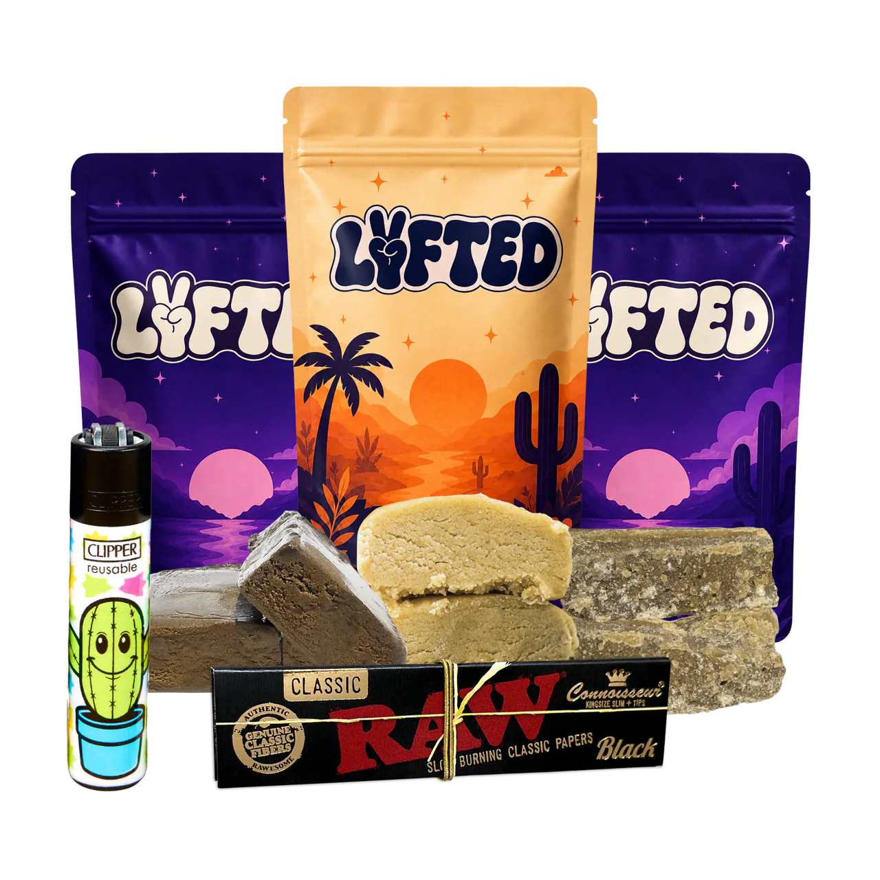 All Three Hash Bundle från Lyfted: Piattella Banana, West Coast Static och Piattella Zkittlez hash med RAW Connoisseur Black papper och Clipper Grow Pots tändare