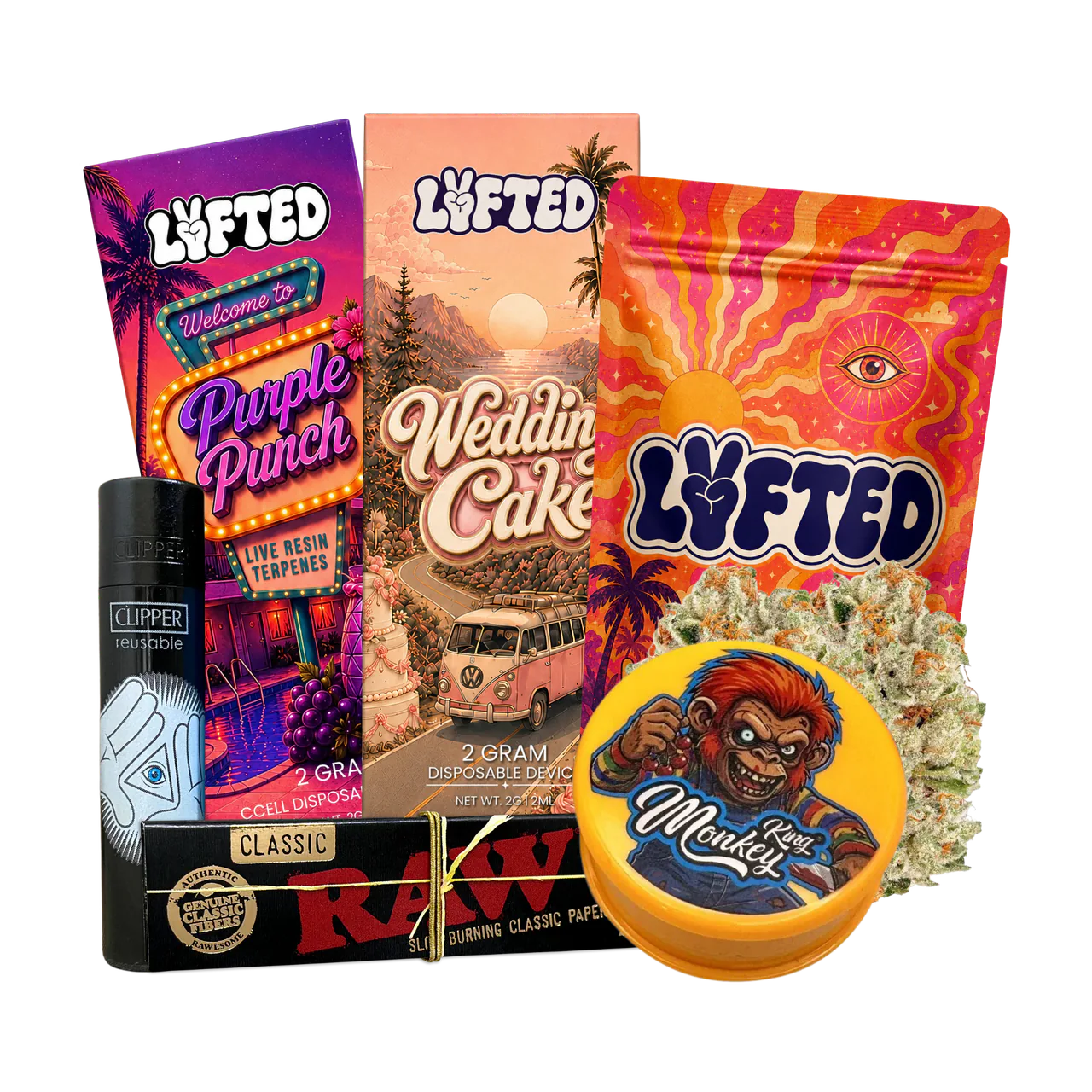 Buds & Vapes Trio från Lyfted: två vapes, Tangerine buds, Monkey King grinder, RAW Connoisseur Black papper och Clipper tändare