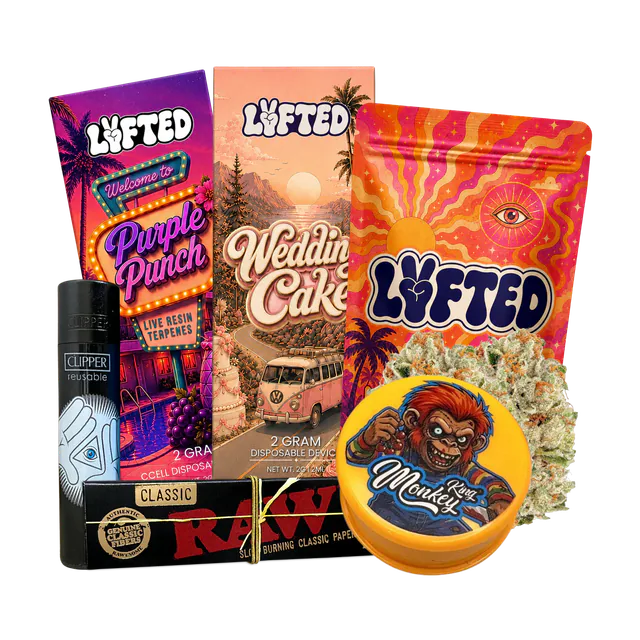 Buds & Vapes Trio från Lyfted: två vapes, Tangerine buds, Monkey King grinder, RAW Connoisseur Black papper och Clipper tändare