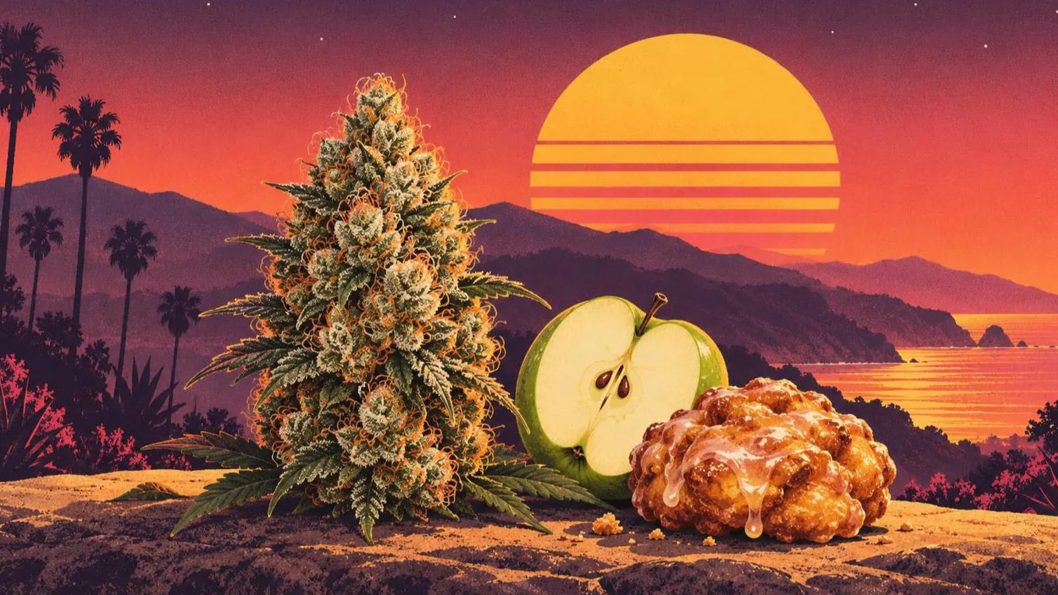 Retroillustration i solnedgångsstil: en frostig cannabisblomma bredvid ett halverat grönt äpple och en glaserad äppelmunk