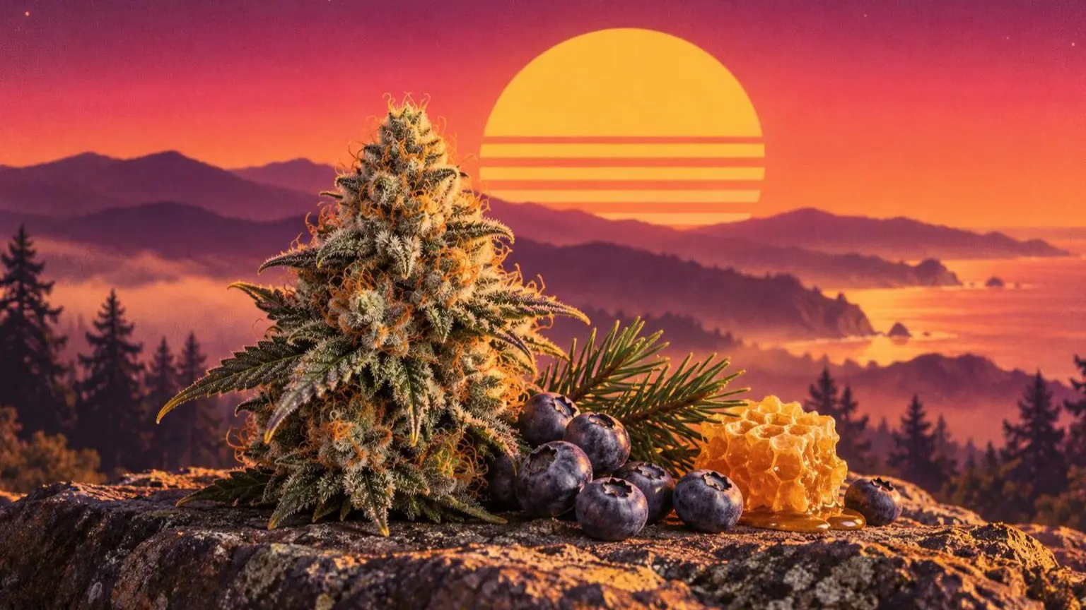 Retroillustration i solnedgångsstil: en frostig cannabisblomma med blåbär, en tallkvist och en bit honungskaka framför disiga kullar