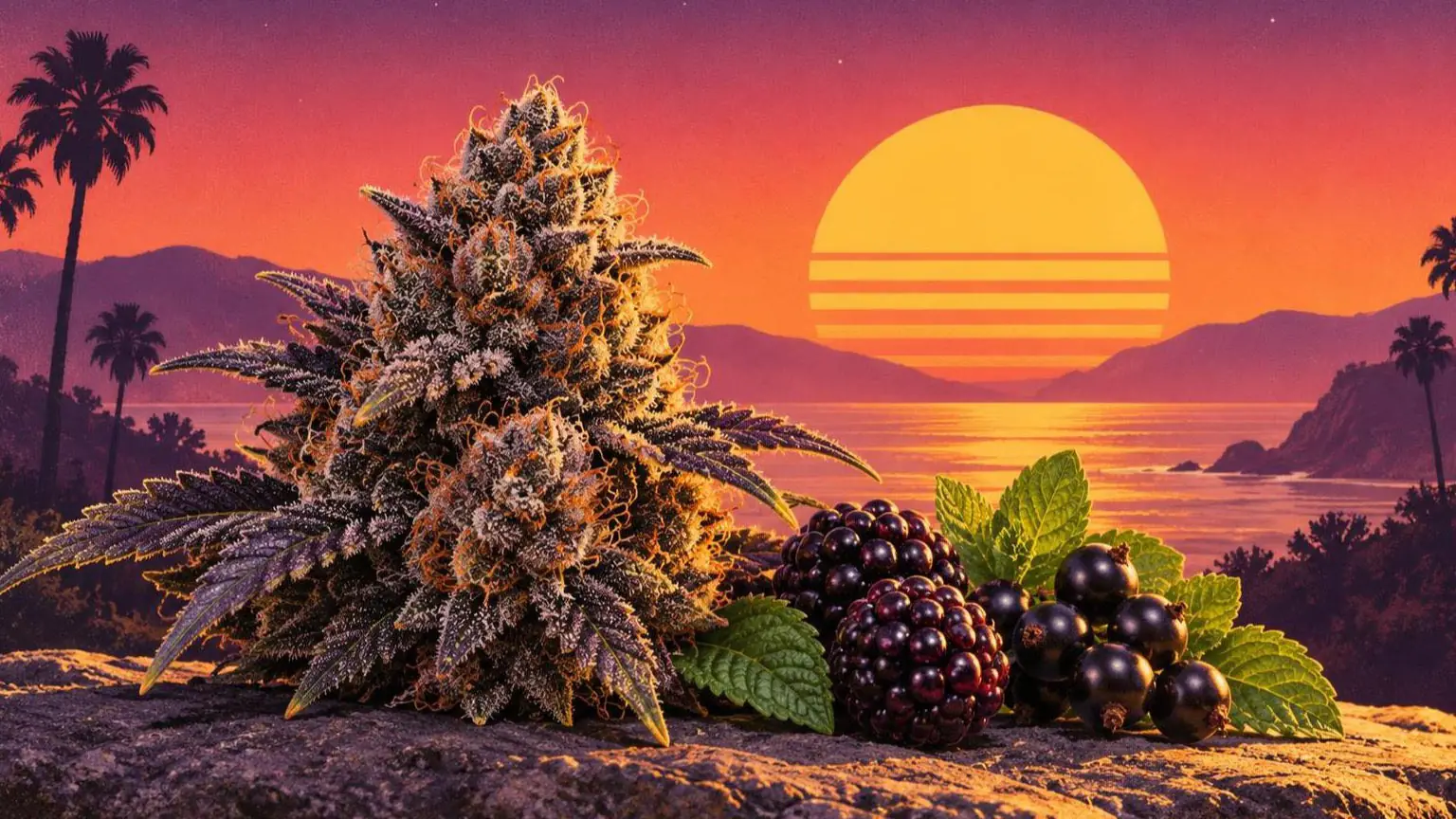 Retroillustration i solnedgångsstil: en mörkblå cannabisblomma med björnbär, svarta vinbär och myntablad