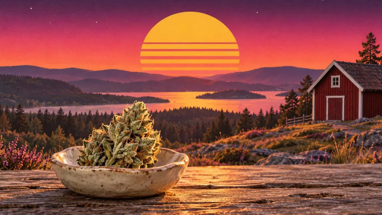 Retroillustration i solnedgångsstil: en ljust limegrön cannabisblomma i en handgjord keramikskål, en faluröd lada och en nordisk sjö