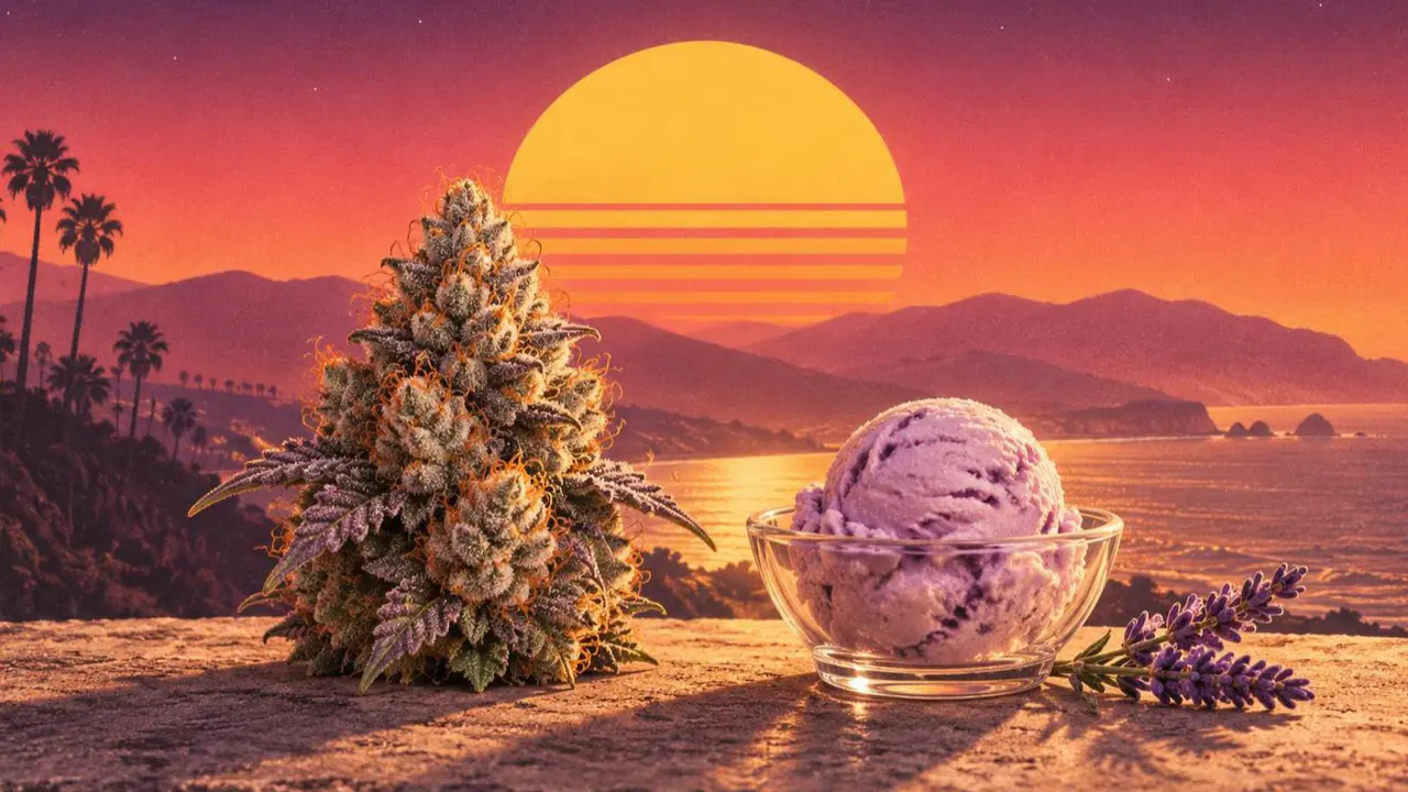 Retroillustration i solnedgångsstil: en lilaskimrande cannabisblomma bredvid en pastellfärgad glasskula i en glasskål och en lavendelkvist