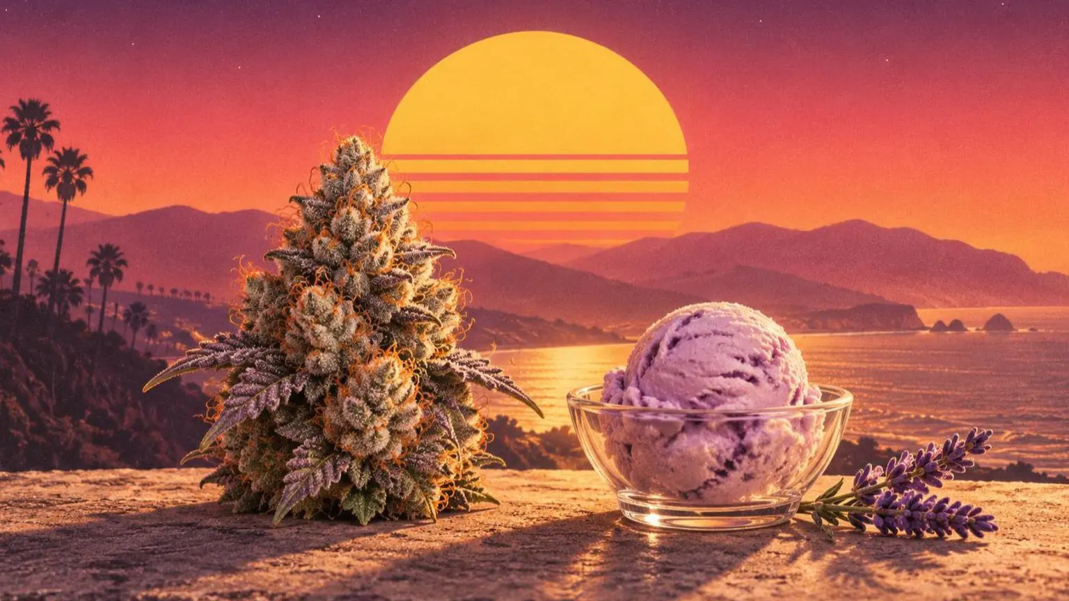 Retroillustration i solnedgångsstil: en lilaskimrande cannabisblomma bredvid en pastellfärgad glasskula i en glasskål och en lavendelkvist