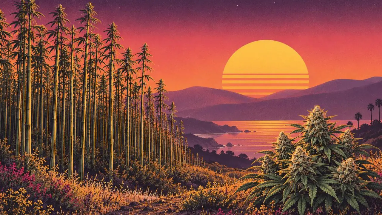 Retroillustration i solnedgångsstil: delad bild med höga smala fiberhampstjälkar till vänster och en kompakt blommande planta till höger