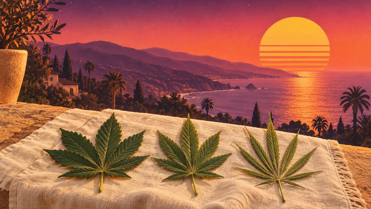 Retroillustration i solnedgångsstil: tre cannabisblad på krämfärgat linne, ett brett, ett mellanbrett och ett smalt