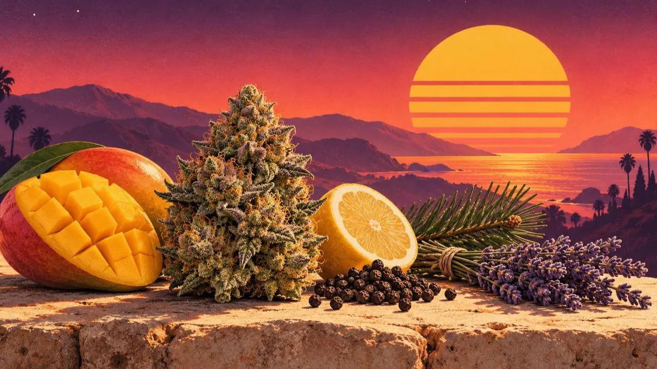 Retroillustration i solnedgångsstil: en cannabisblomma med skuren mango, halverad citron, svartpeppar, en lavendelbukett och en tallkvist