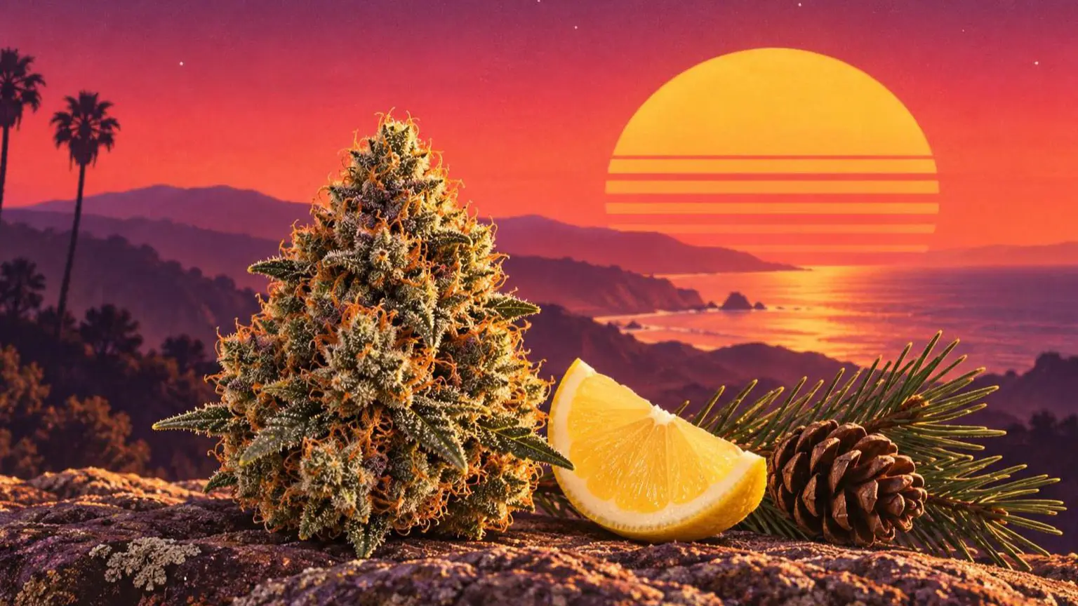 Retroillustration i solnedgångsstil: en frostig cannabisblomma bredvid en citronklyfta, en tallkvist och en kotte
