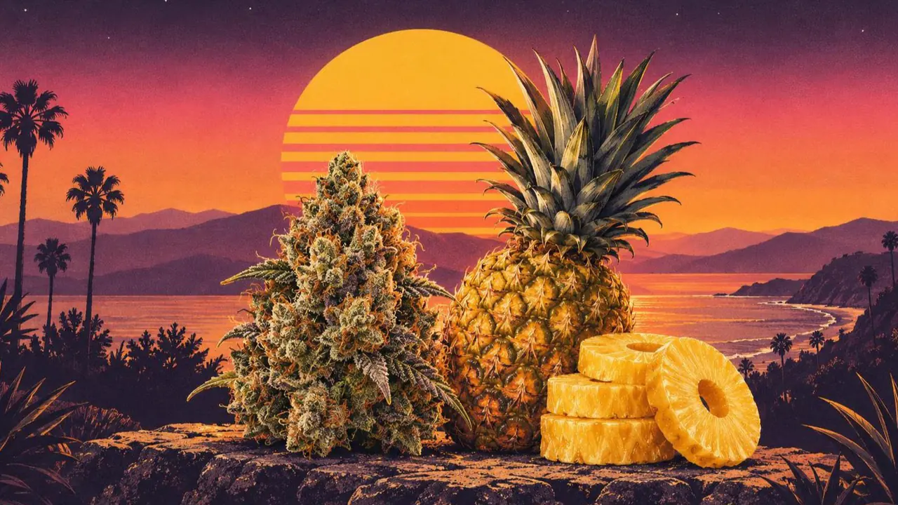 Retroillustration i solnedgångsstil: en frostig cannabisblomma bredvid en hel ananas och staplade ananasringar