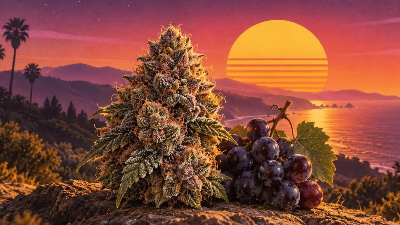 Retroillustration i solnedgångsstil: en lilaskiftande cannabisblomma bredvid mörka vindruvor på rankan under en lila himmel