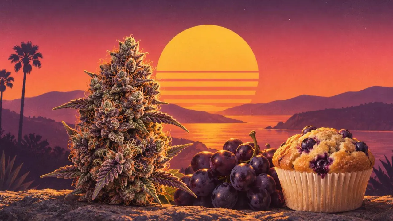 Retroillustration i solnedgångsstil: en djupt lila cannabisblomma bredvid vindruvor och en blåbärsmuffin