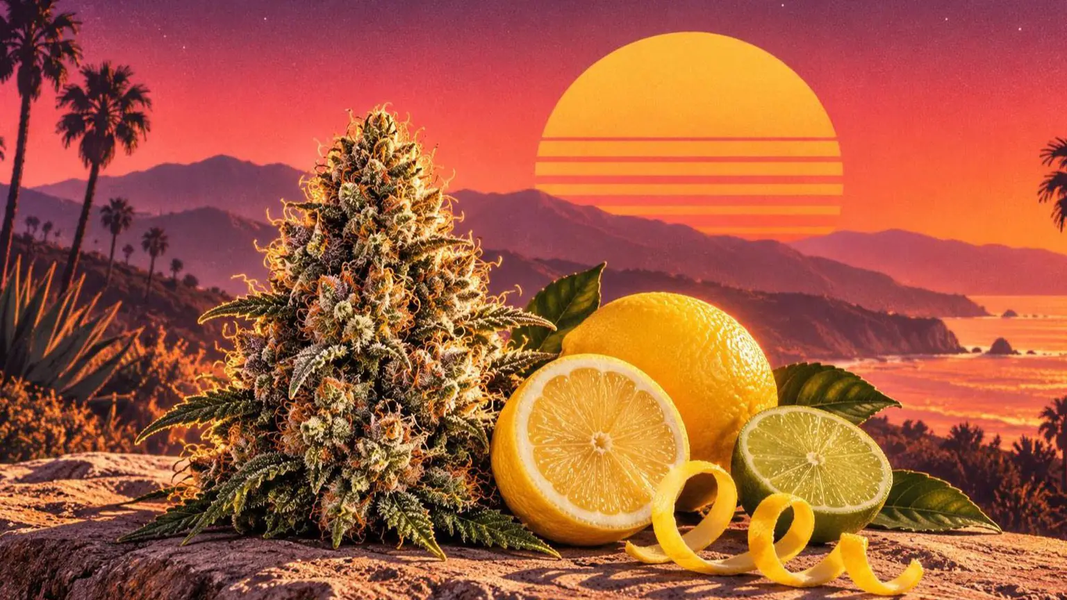 Retroillustration i solnedgångsstil: en ljus frostig cannabisblomma bredvid citroner, en av dem skivad