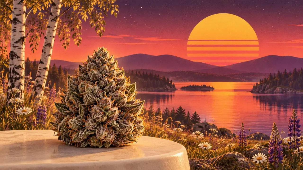 Retroillustration i solnedgångsstil: en tät och frostig cannabisblomma på en krämfärgad keramikyta framför en svensk midsommaräng med björkar och en sjö