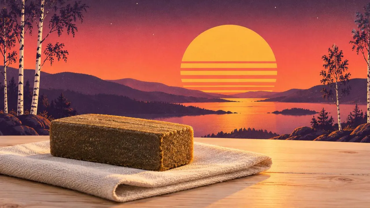 Retroillustration i solnedgångsstil: ett matt gyllenbrunt haschblock på krämfärgat linne på ett ljust träbord, med björkar och en nordisk sjö