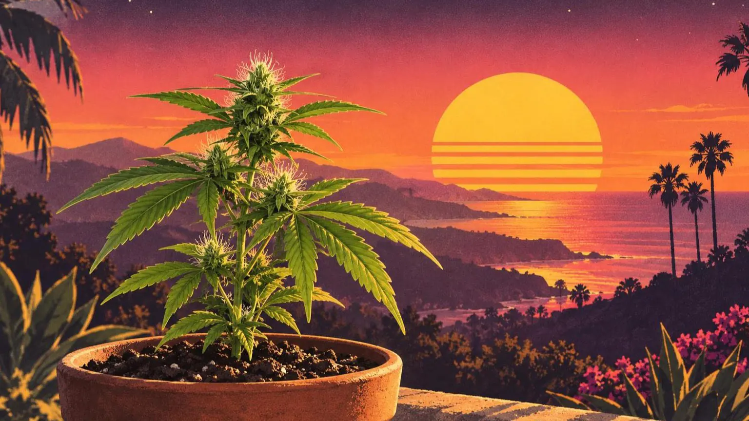 Retroillustration i solnedgångsstil: en ung limegrön cannabisplanta i tidig blomning i en terrakottakruka