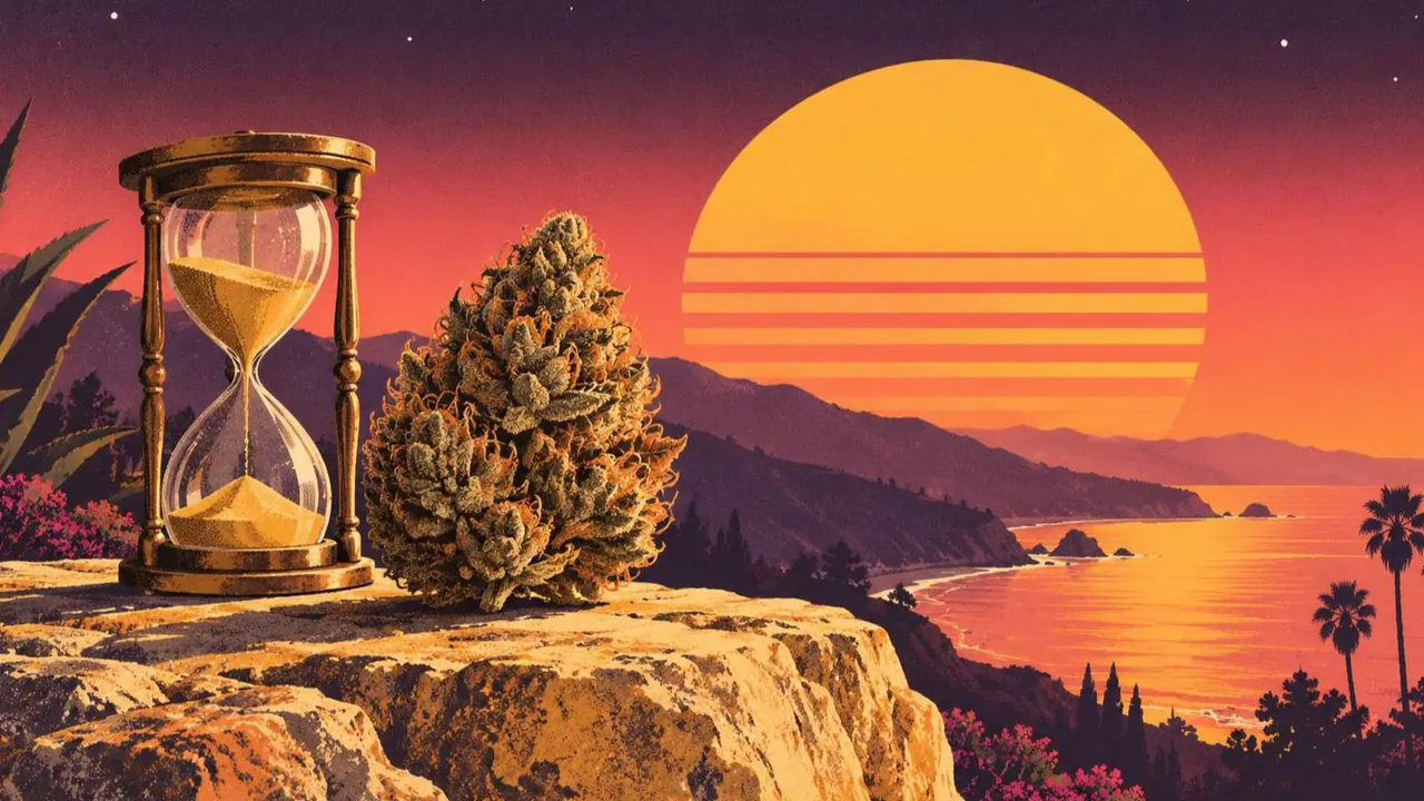 Retroillustration i solnedgångsstil: en åldrad bärnstensfärgad cannabisblomma bredvid ett timglas i mässing