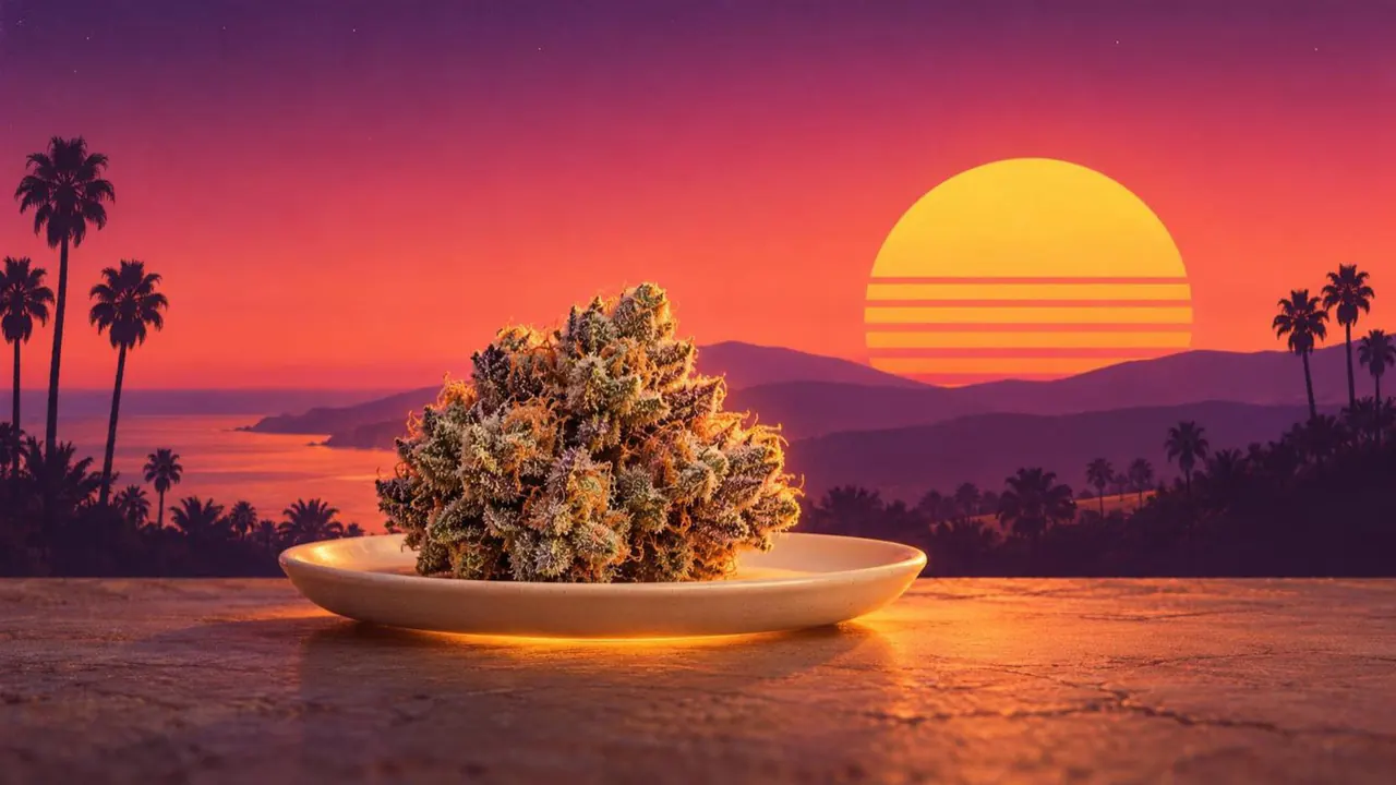Retroillustration i solnedgångsstil: en frostig cannabisblomma på ett krämfärgat keramikfat med ett varmt bärnstensfärgat sken underifrån