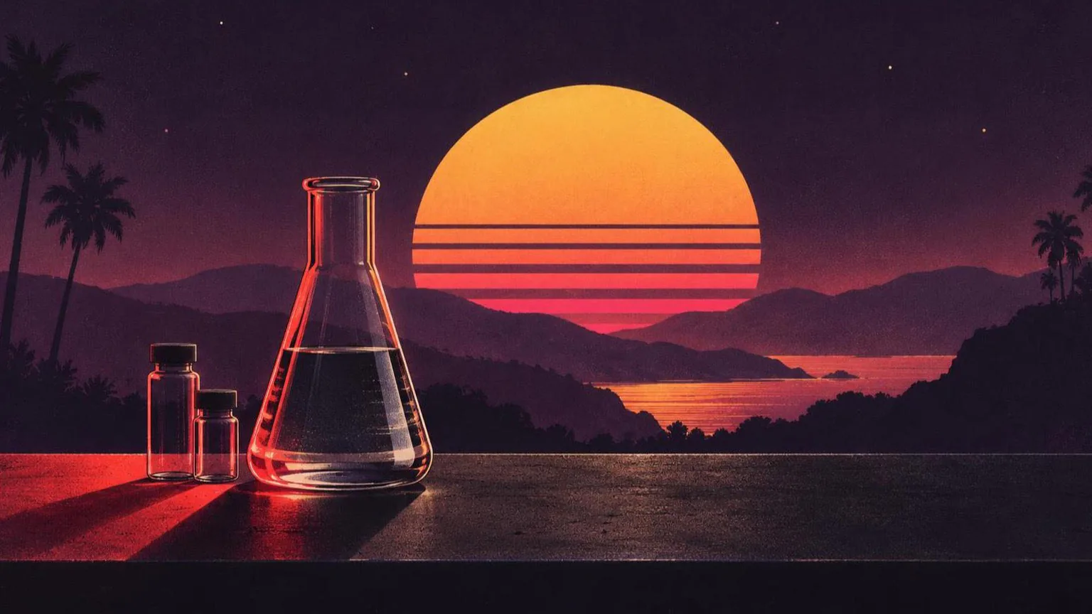 Retroillustration i solnedgångsstil: en laboratoriekolv och två flaskor utan etiketter på en mörk skifferbänk i kallt rött sidoljus