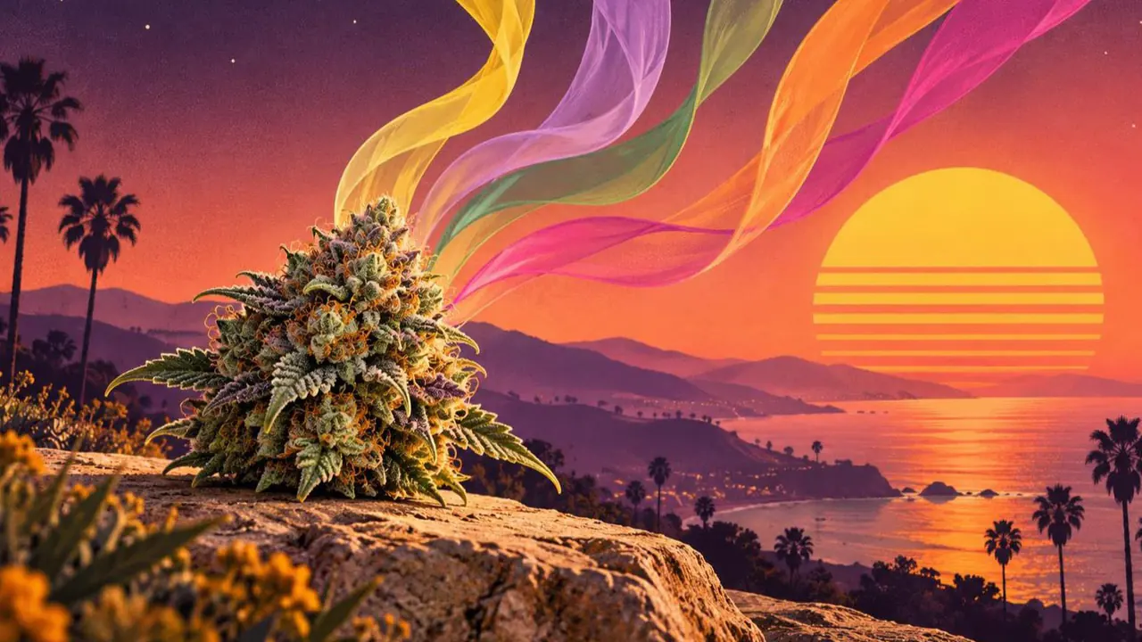 Retroillustration i solnedgångsstil: en cannabisblomma omgiven av färgade genomskinliga band som symboliserar doftämnen
