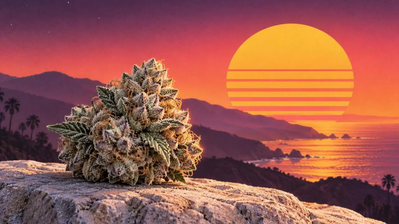 Retroillustration i solnedgångsstil: en mycket frostig rå cannabisblomma ensam på en sval ljus stenhylla