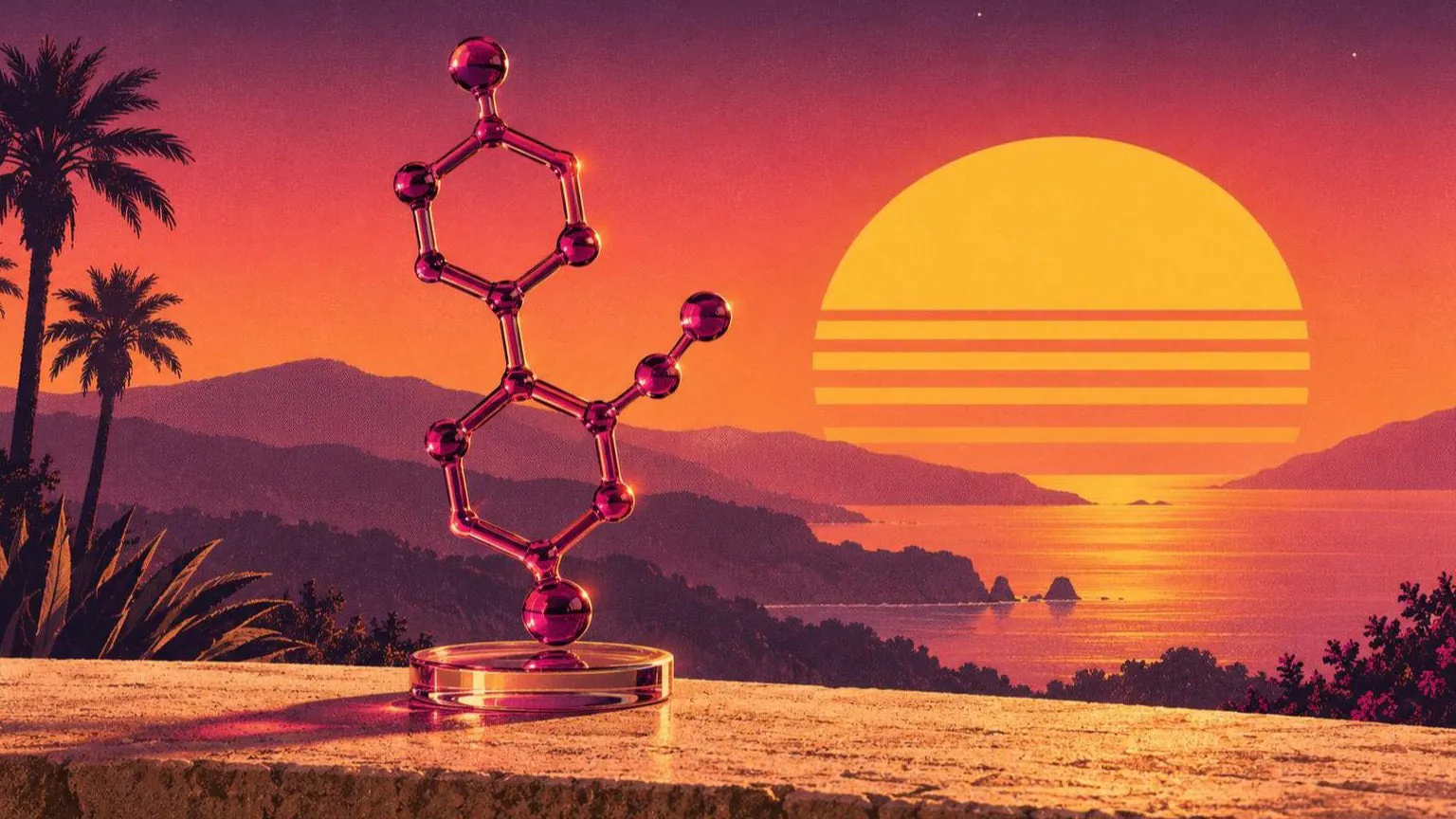 Retroillustration i solnedgångsstil: en hög magentafärgad molekylskulptur i glas på en glasfot på en stenhylla