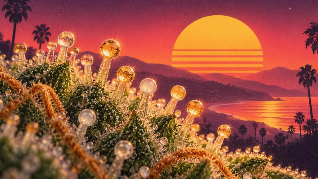 Retroillustration i solnedgångsstil: extrem närbild på glödande klara, mjölkiga och bärnstensfärgade trikomhuvuden som en kristallskog