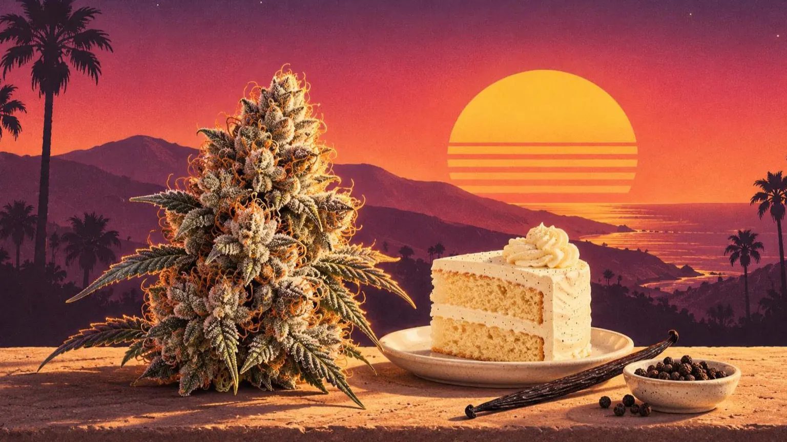 Retroillustration i solnedgångsstil: en frostig cannabisblomma bredvid en bit vaniljtårta, en vaniljstång och en skål svartpeppar