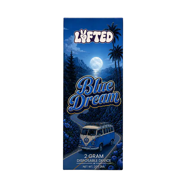 Blue Dream 50 % THCA-B 2 ml från Lyfted i förpackning med månbelyst kust