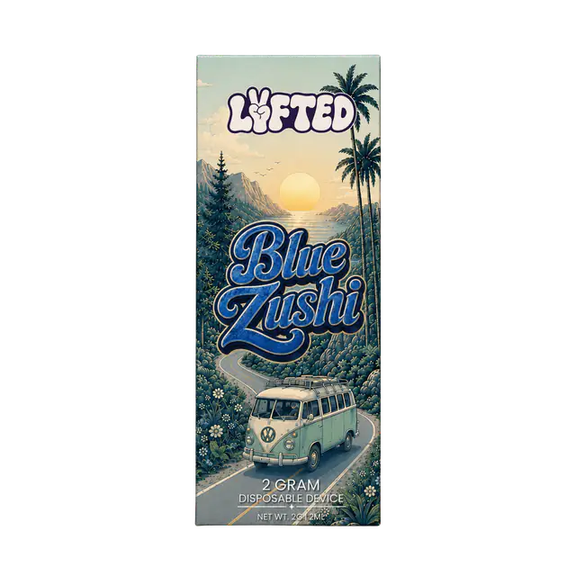 Blue Zushi 50 % THCA-B 2 ml från Lyfted i förpackning med ljusblå kust