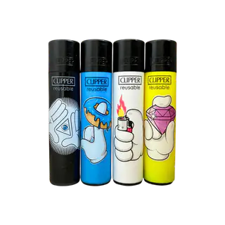 Clipper-tändare Cartoon Hands #3, fyra motiv ur serien: öga i triangel, munk, tändare och diamant