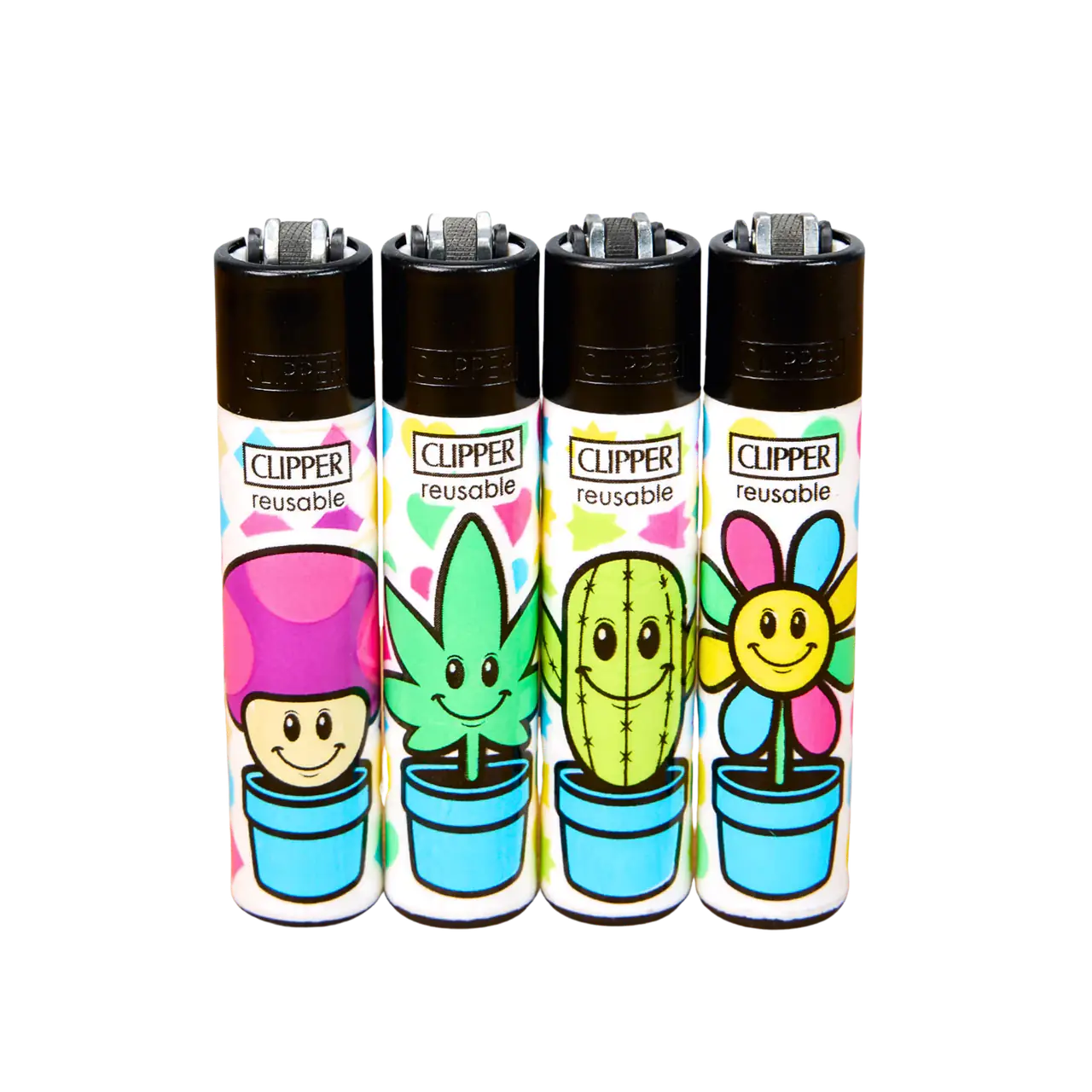 Clipper Classic Grow Pots, seriens fyra motiv: blomma, kaktus, svamp och blad