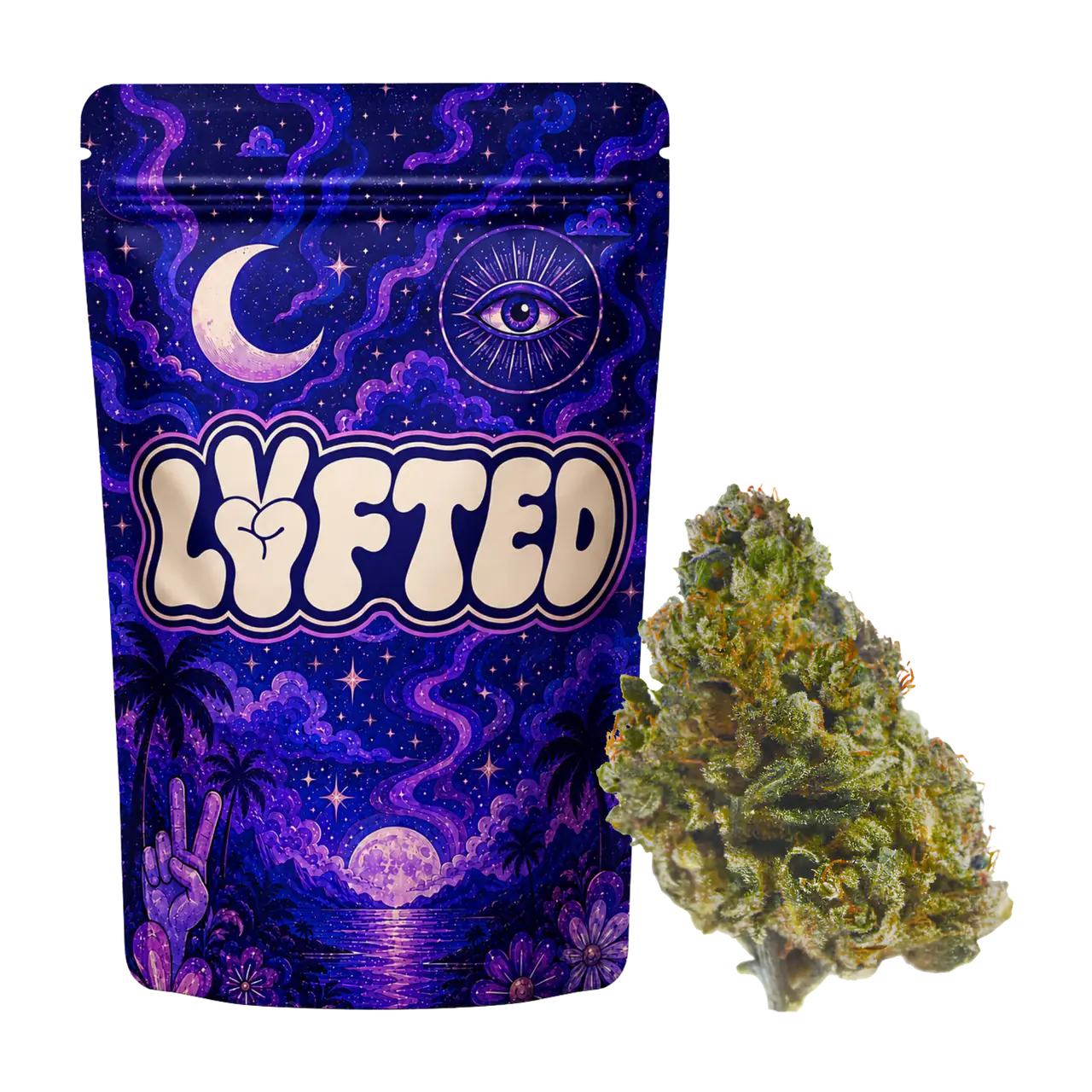 Granddaddy Purple 30 % THCA-B från Lyfted: lila förpackning med måne, öga och palmer bredvid en topp