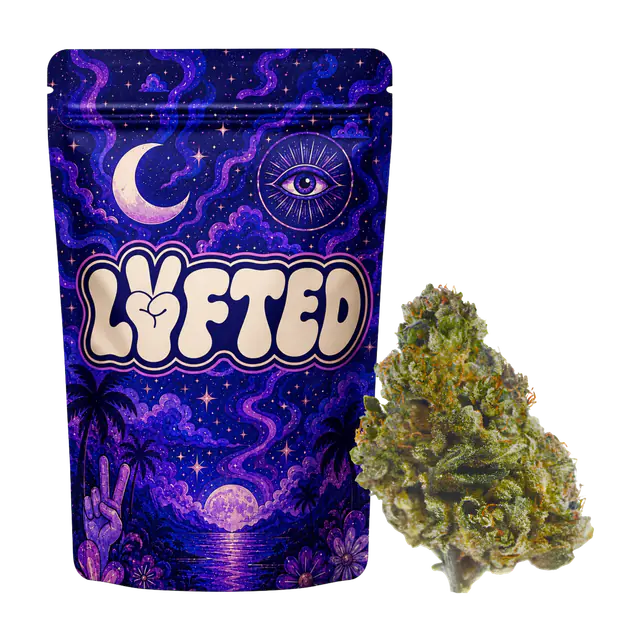 Granddaddy Purple 30 % THCA-B från Lyfted: lila förpackning med måne, öga och palmer bredvid en topp
